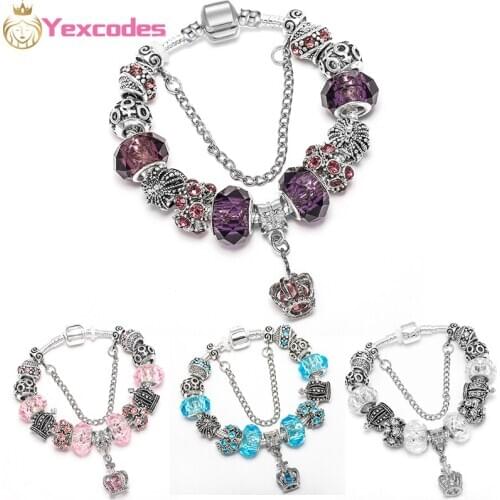 Yecodes Enamel Classic Wreath Charms Bracelet&Bangle with Crystal Beads Fine Tibetan Silver Bracelets for Women Jewelry Gift