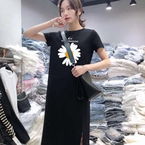 Summer Women Daisy Dress Short Sleeve Casual Bottoming Print Midi Black Tshirt Dresses O-Neck Woman Korean Clothes Vestidos 2021