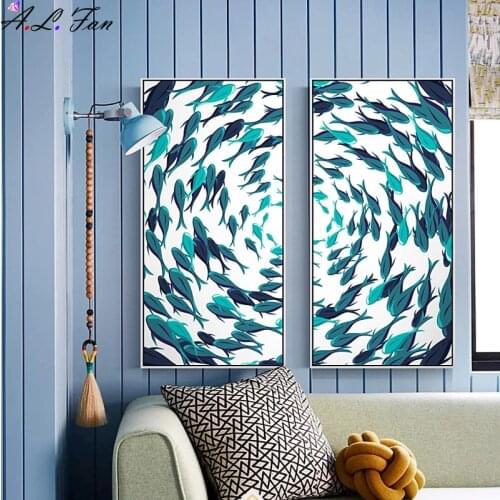 Nordic style fish in the sea symmetric patterns canvas frames wall posters and prints for study room couple hd
