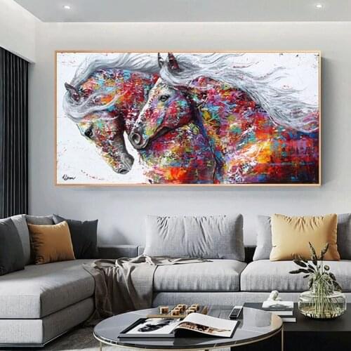 Modern Graffiti Two Running Horses Canvas Painting Animal Posters and Prints Cuadros Wall Art Picture for Living Room Home Decor