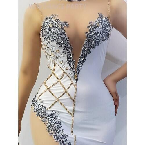 2021 Rhinestones Transparent Chest White MINI Dress Birthday Dress Outfit Prom Dancer Female Singer Show Dress