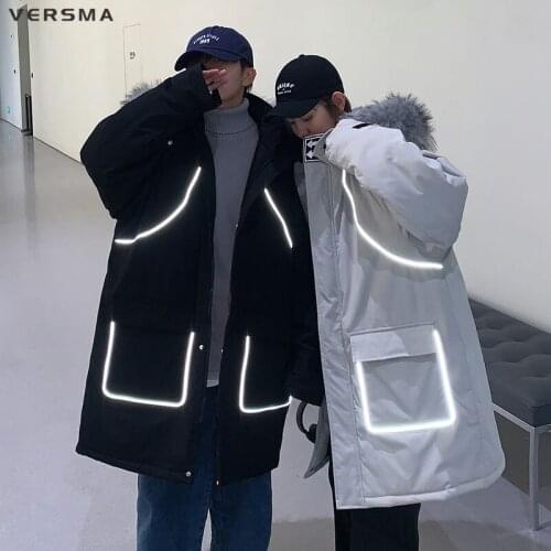 VERSMA Korean Ulzzang Vintage Windbreaker Men Winter Jacket Coat Warm Hip Hop Streetwear Reflective Parkas Men 5XL Dropshipping
