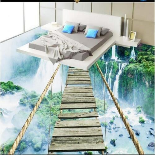 Wellyu Custom large mural landscape waterfall adventure rope wooden bridge 3D floor thickening wear pvc plastic film