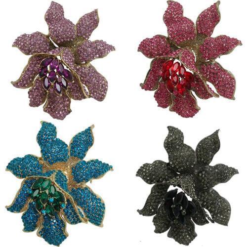 Womens Austrian Crystal Rhinestone Large Flowers Orchid Brooch Pins Jewelry