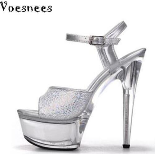 2019 Sandals High Quality Ultra-high Heel 7-10CM Transparent Crystal Women Shoes Model Catwalk Slides Fitness Contest large yard