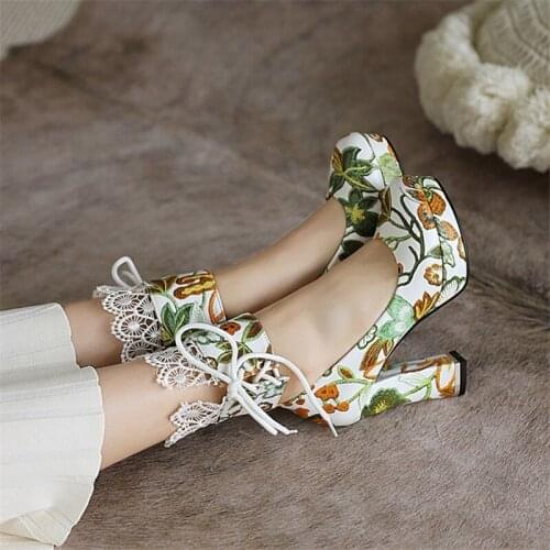 Print Lace Women High Heel Shoes Elegant Leather Shoes Woman Pumps Dress Comfort Ladies Shoes