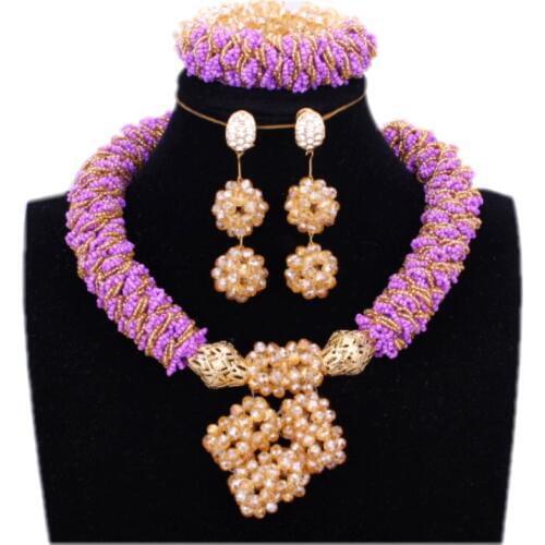 Wedding jewelry Set African Beads Necklaces for Women Purple and Gold Dubai Jewelry Set Bold Balls Jewellery set Free Ship 2018