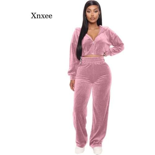 2021 Autumn and Winter Womens Two-Piece Casual Loose Sports Solid Color Velvet Hooded Top + Pants Sportswear Sportswear Suit