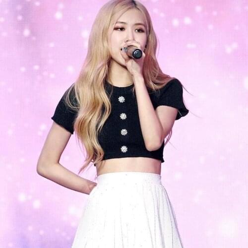 Kpop Korean Celebrity ROSE Women Knitted Short Cardigan TShirt Sexy Wild Solid Single-Breasted T Shirts Slim Casual O-Neck Tops