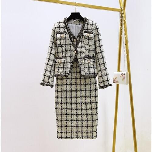 Women Fashion Outfits Two Pieces Skirt Sets 2020 Winter Plaid Tweed Jackets&Sleeveless Long Dress Suits Chic 2 Piece Dress Sets