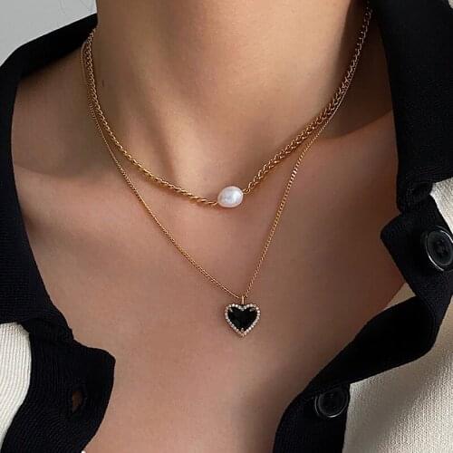 Origin Summer Statement Double-Layer Love Heart Pendant Necklace for Women Gold Metal Chain Imitation Pearl Necklace Jewelry