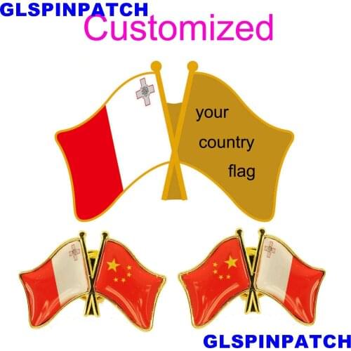 Malta Crossed Friendship Flag Double Country lapel pin Brooch USA UK France Chile Russia Saudi Arabia Japan Spain Badge