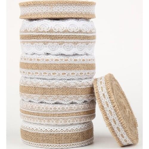 2 Meter/roll Natural Jute Burlap Rolls Hessian Ribbon With Lace Vintage Rustic Wedding Decoration Wedding Party Favors 2.5cm