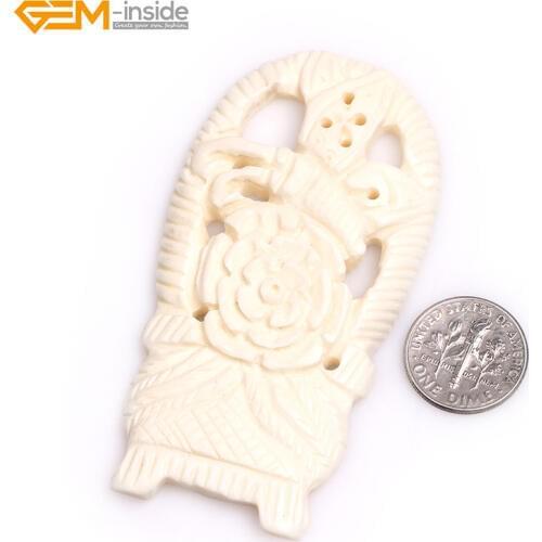 Gem-inside 38x74mm Large White Flower Basket Carved Bone Cabochon Beads For Jewelry Making DIY Decoration Shield Pendant 1pcs