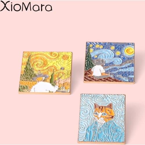 Interesting Oil Painting Enamel Pins Custom Artistic Cat Face Whirlpool Brooch Lapel Badge Cartoon Jewelry Gifts For Art Friend