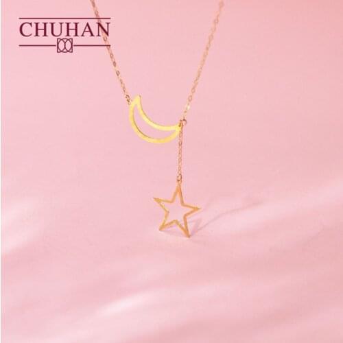 CHUHAN 2021 New 18K Gold Star and Moon Necklace Fashion Popular Au750 Real Gold Ear Line Set Fine Jewelry for Woman Gift