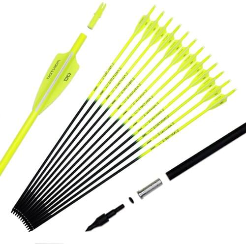 30 Inch Carbon Arrow Spine 500 Diameter 7.8mm Yellow Fluorescence Removable Tips for Compound Recurve Bow Target Archery Hunting