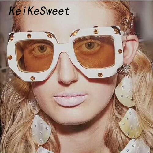 KeiKeSweet Top Brand Designer Big Rhinestone Square Shades Sunglasses Women Crystal Oversized Sexy Sun Glasses Vintage diamond