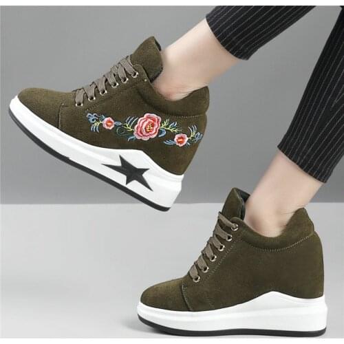 Punk Trainers Women Cow Leather Wedges High Heel Platform Pumps Shoes Female Lace Up Tennis Shoes Embroider Flowers Casual Shoes