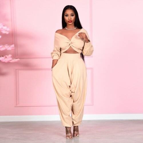 Hot Womens Clothing Sexy Navel-Bearing V-Neck Solid Color Cross Top and Crotch Pants Two Suits for Women