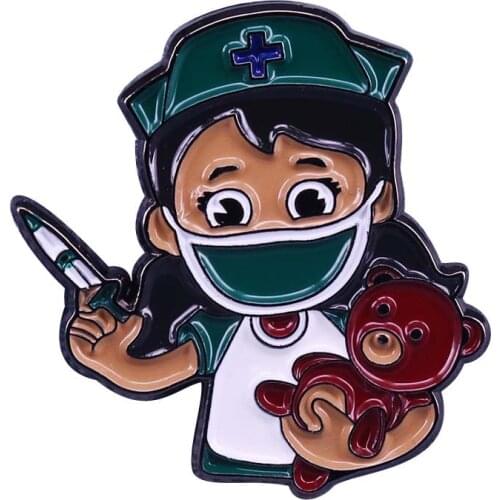 Little nurse gives an injection to bear Enamel Pin kids doctor nurse gift brooch