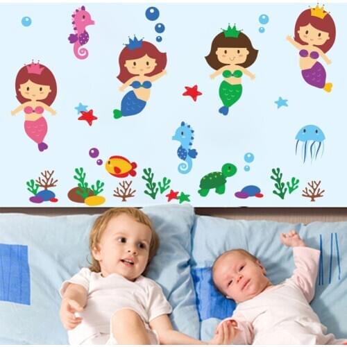 Cartoon Mermaid Wall Sticker Animal Wallpaper For Baby Bedroom Home Decals Diy Adesivo De Parede Pvc Decoration Posters