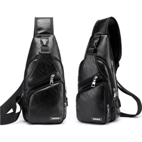 Mens waterproof USB chest bag mens messenger bag PU leather shoulder bag messenger bag travel chest bag