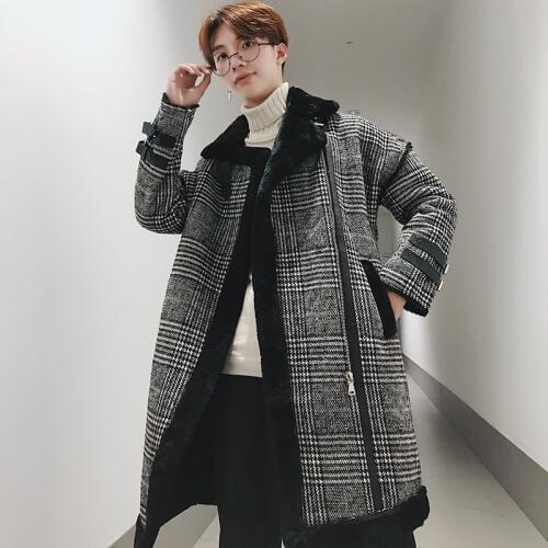 Men Suede Cotton Long Coats Autumn Winter Loose Thick Warm Outerwear Fashion Streetwear Plaid Zipper Long Sleeve Trench Coat