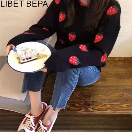 New 2021 Womens Autumn Winter Sweater Oversize Knitwear Warm Pullover Strawberry Vintage Fashionable Elegant Lady Tops SW1347JX
