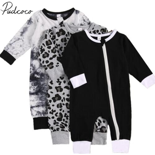 2021 Fall Spring Newborn Baby Girls Boys Zipper Romper Trendy Print Long Sleeve Crew Neck One Piece Jumpsuit Leopard Tie dye