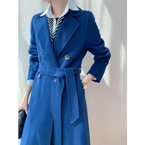 Autumn and Winter New Double-sided Cashmere Coat Womens Long Waist Lace Up Western Style Lady Coat Female Trend