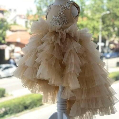 Custom Champagne High Low Baby Girl Dress O Neck Puffy Tulle Beaded Lace Infant Girls Clothes Birthday Party Gown
