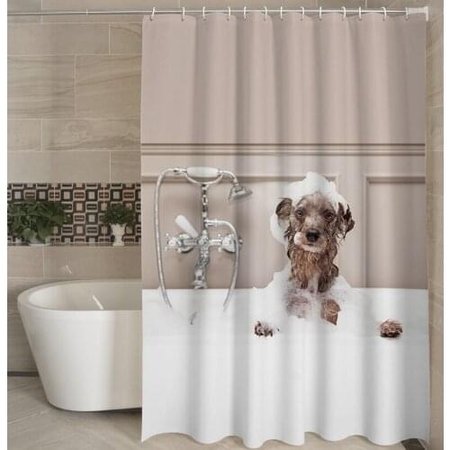 Cartoon Cat Dog Pet Print Shower Curtain Cute Animal Waterproof Shower Curtain Bathroom Bathtub Decoration Hook Shower Curtain