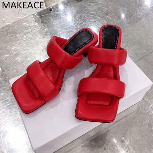 Real Leather Sponge Leather High Heels Women Square Toe Sandals Women Kitten Heel Slippers Woman Low Heel Summer Party Shoes