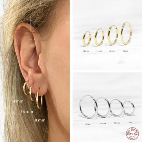 Aide 925 Sterling Silver Gold Circle Hoop Earrings For Women Birthday Party Simple Noble Silver Fine Jewelry Gift 12/14/16/18mm