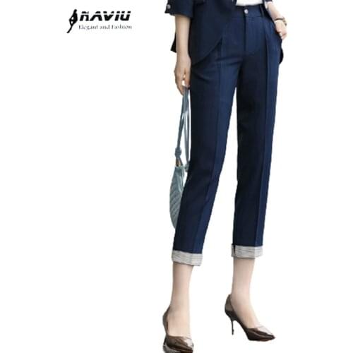Navy Blue Fashion Women Trousers Plus Size Formal Spring Summer New Korean Office Ladies Slim Mid Waist Pants