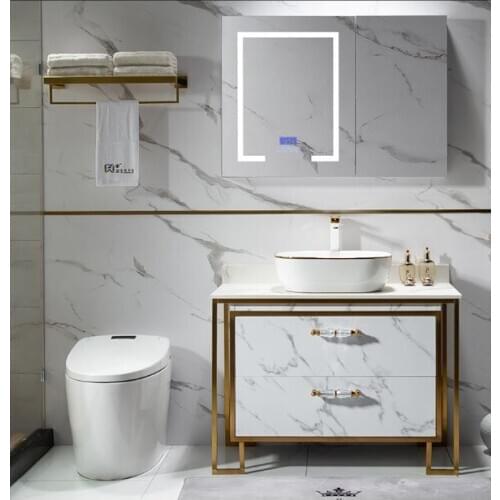 Intelligent round mirror luxury stainless steel bathroom cabinet combination rock washbasin Nordic bathroom cabinet washstand