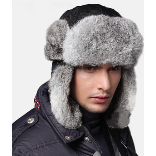 Top Quality Mens Bomber Hat With Ears Women Winter 100% Rabbit Fur Hat Warm Russian Hat gorros