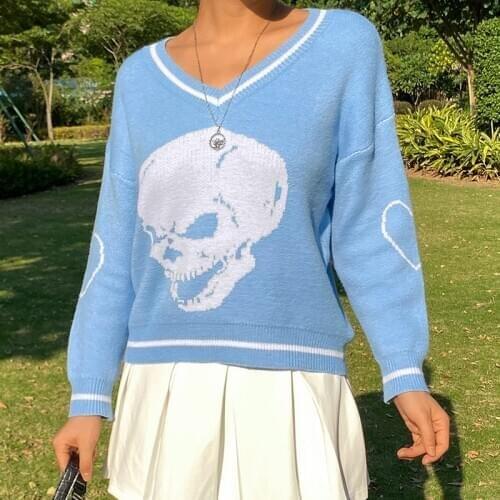 YICIYA 2020 Autumn Y2K Sweaters Skulls Pullovers V Neck Knitwear Loose Casual Knitted Tops Women Streetwear E-Girl Tops Blue