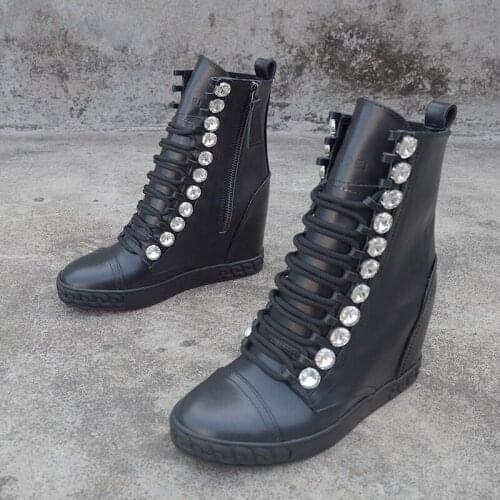 Black Real Leather Wedge Platform Height Increasing Boots Crystal Round Toe Motorcycle Booties Women Spring Autumn Ankle Boots