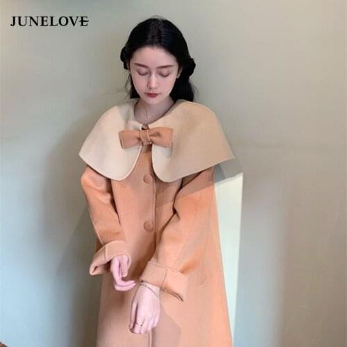 JuneLove British Style Round Collar Woolen Coat Winter 2021 New Designer Female Bow Cloak Wool Coat Korean Fashion Sweet Outwear