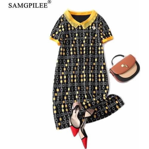 Summer Dress For Women Organza Peter Pan Collar Contrasting Diamond Lattice Slim Korean Style Stretch Short-sleeved Dresses 4XL