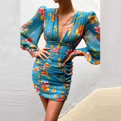 Women Sexy Deep V Lantern Long Sleeve Party Dresses Vintage Floral Print Elegant Bodycon Dress Office Lady Fashion Slim Dresses