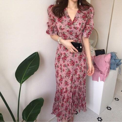 Vintage V-Neck Ruched Summer Chiffon Dress Women Slim Waist Floral Print Long Dresses Elegant 2021 Short Sleeve Femme Vestidos