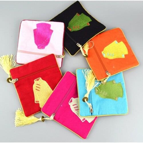 Zippered Linen Small Gift Bags Jewellery Pouches Chinese Vintage Embroidered Coin Purse Tassel Gift Bag Wedding Party Favor