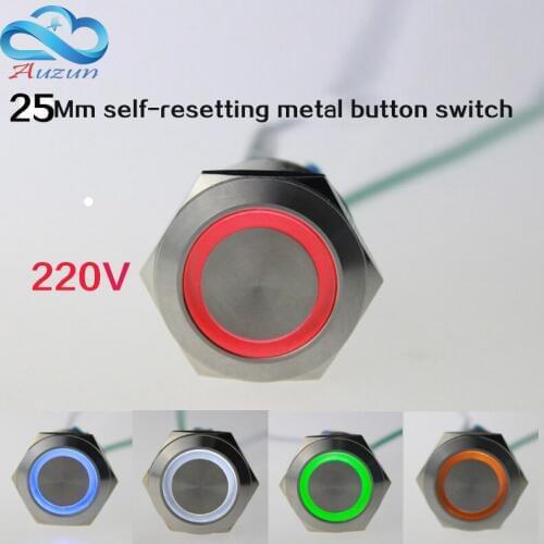2 pieces 25mm Since the reset metal button with light switch voltage 220v current 5A250VDC waterproof rust red, yellow blue