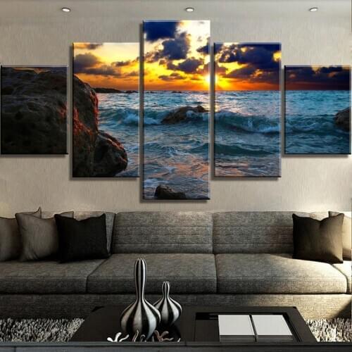 Unique Gift HD Print Painting 5 Piece Sea Sunset Landscape Canvas Wall Art Home Living Room Decoration