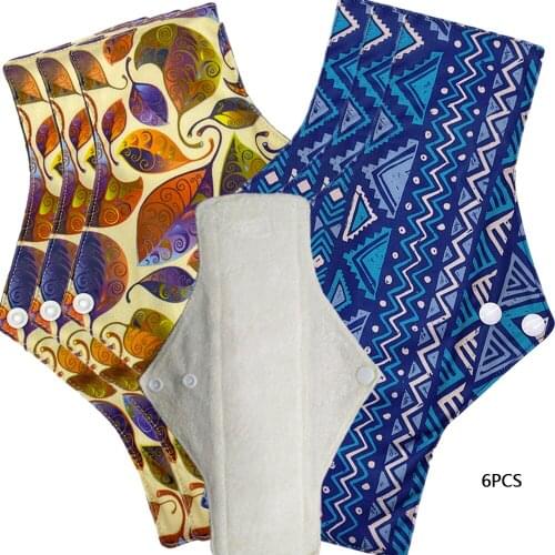 6 PCS Waterproof PUL Printed Regular Flow Reusable Mama Pads, Super Soft Day Use Cloth Menstrual Pads With Organic Bamboo Fiber