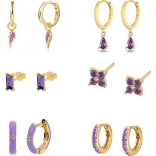 Aide 925 Sterling Silver Hoop Earrings Purple CZ Earing For Women Huggie Earrings Pendiente Ohrringe Luxury Jewelry for Gifts CZ