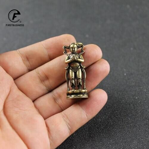 Antique Copper Buddaha Statue Ornaments Lucky Boy Figures Desk Decoration Accessories for Home Decor Brass Keychain Pendant